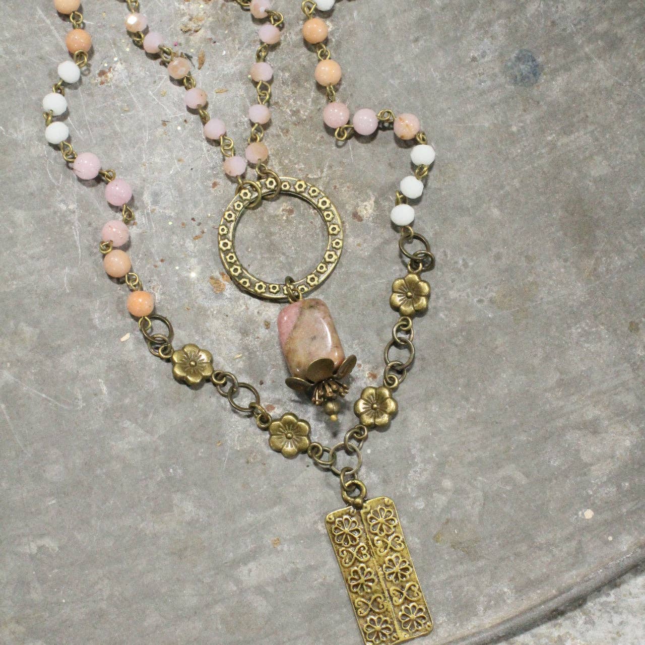 Double Layered Blush Bead & Flower Pendant Necklace