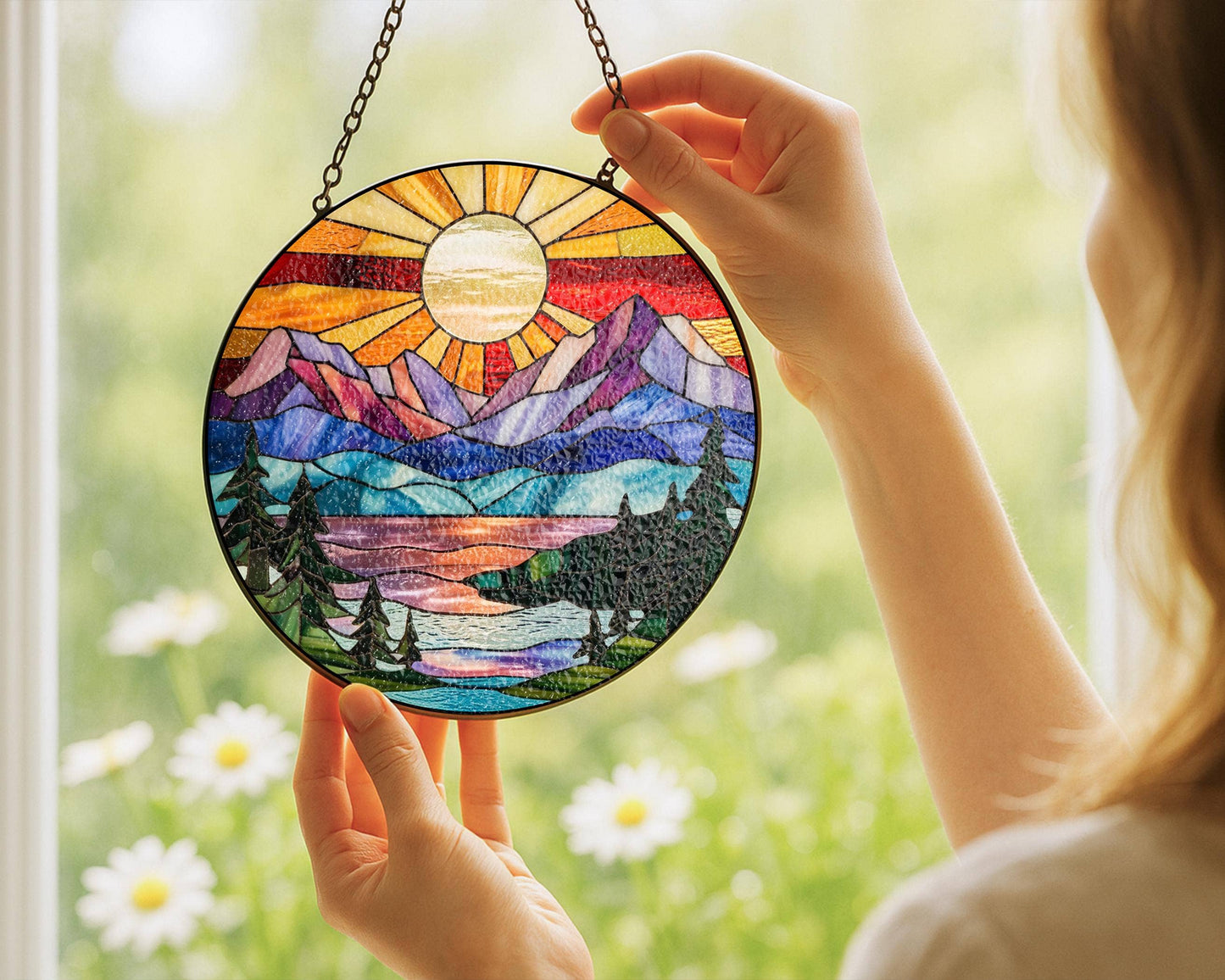 Mountain Range Stained Glass Suncatcher, Nature Decor Art