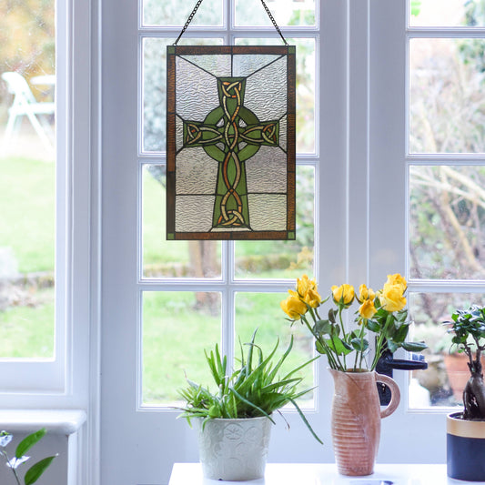 18"H Celtic Cross Stained Glass Window Panel