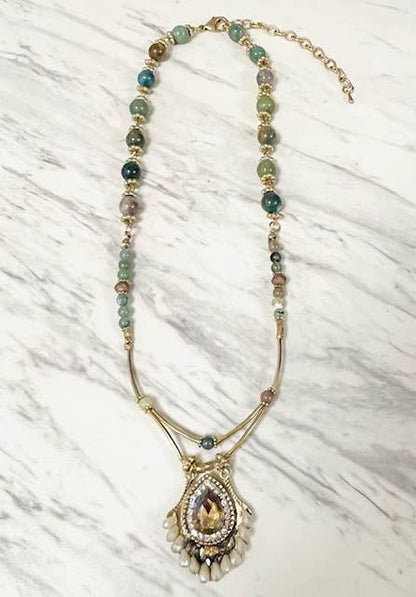 Anita K By Blushing Pink - Fancy Jasper Necklace with Crystal Pendant Drop