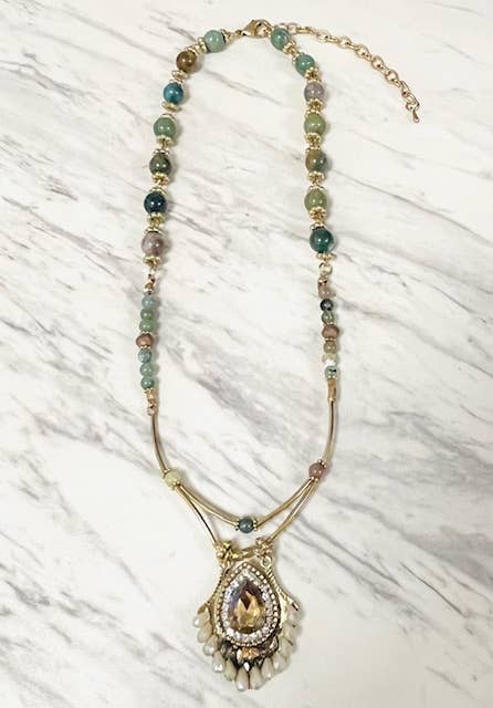 Anita K By Blushing Pink - Fancy Jasper Necklace with Crystal Pendant Drop