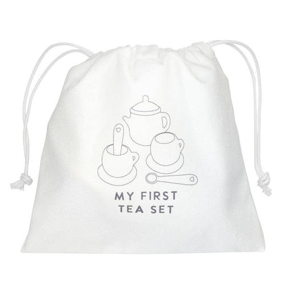 My First Tea Set: Tea Pot: 4.5" W x 4.75" H x 3" DCups: 2.5" W x 2" H x 2" HPlates: 2.875" SqSpoons: 3.5"W x 0.75" H x 0.25" D