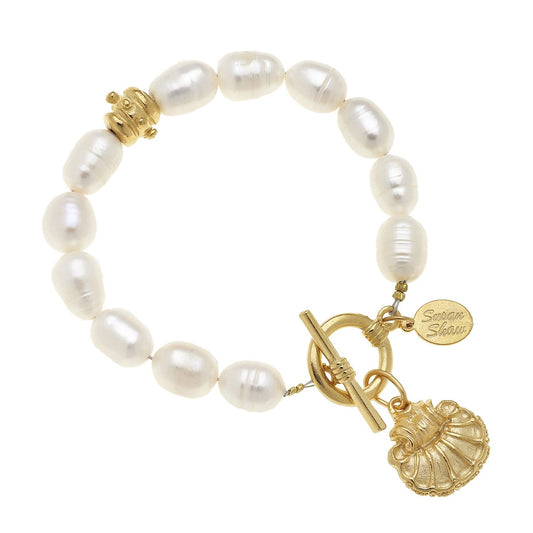 Susan Shaw - Gold Scallop Shell on Genuine Freshwater Pearl Bracelet
