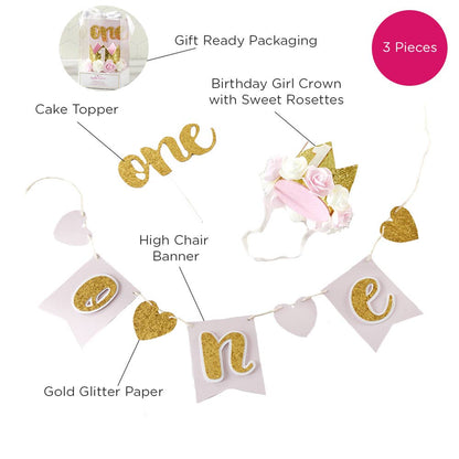 Gold Glitter 1st Birthday Décor Kit (Rosette Crown)