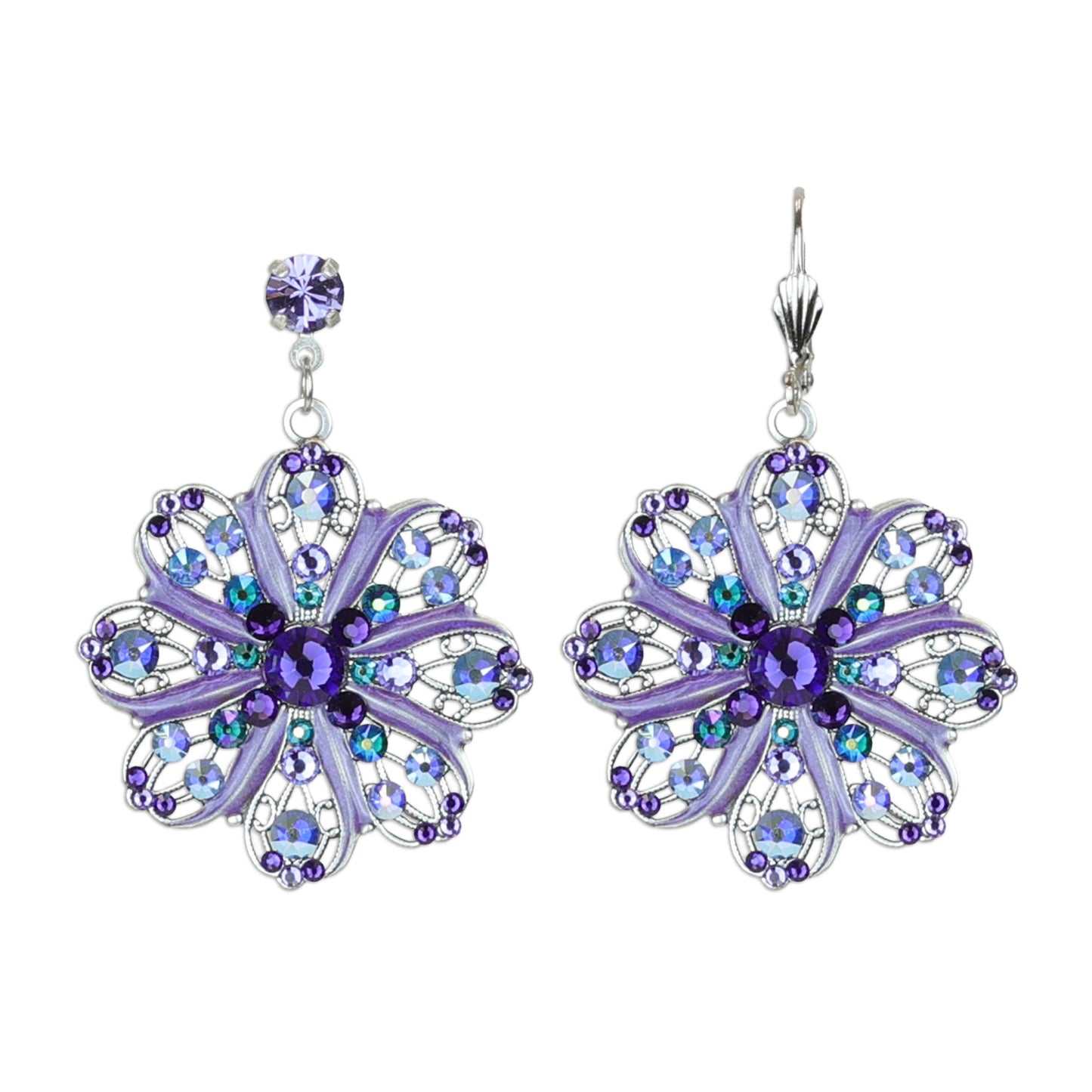 Flower Petal Pinwheel Purple and Green Crystal Earrings