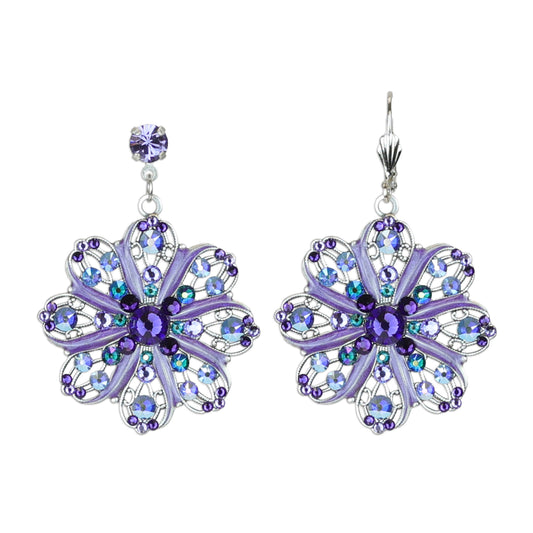 Flower Petal Pinwheel Purple and Green Crystal Earrings