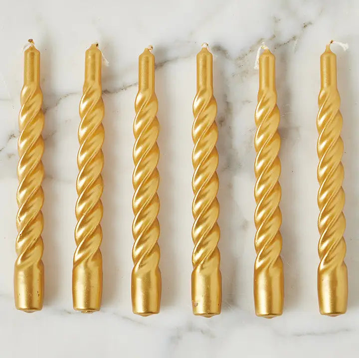 Lacquered Twisted Taper Candles, Gold, Set of 6