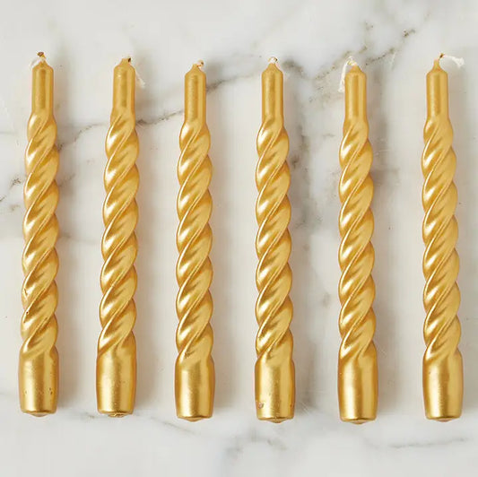 Lacquered Twisted Taper Candles, Gold, Set of 6