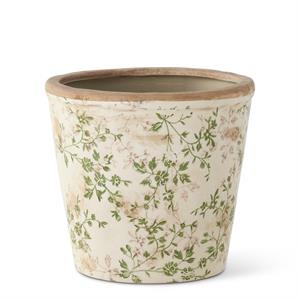 Cream & Green Floral Ceramic Pot-LARGE