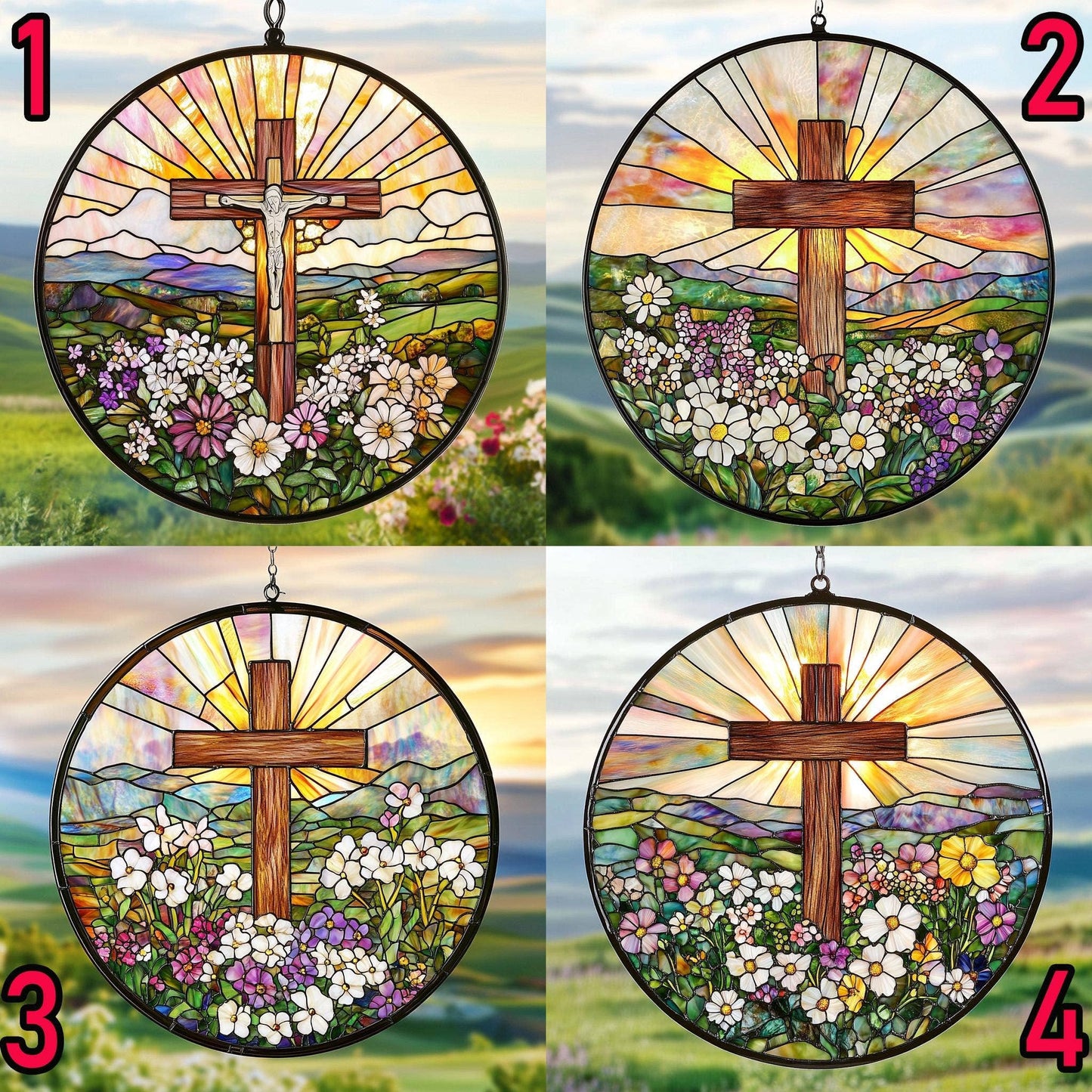 Stained Glass Cross And Wildflowers Suncatcher, Christian
