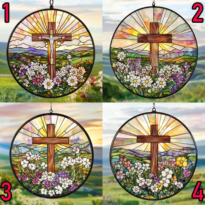 Stained Glass Cross And Wildflowers Suncatcher, Christian