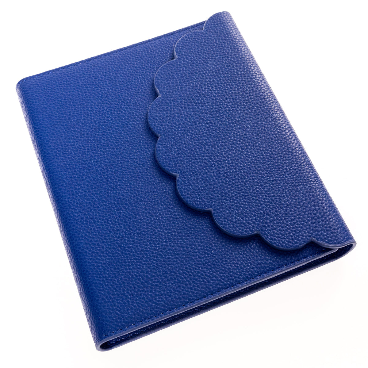 Cobalt Blue Vegan Leather Wrap Journal, A cobalt blue vegan leather wrap journal with a scalloped flap and pebbled texture, shown open with its frosted spiral insert.