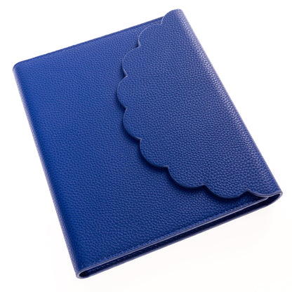 Cobalt Blue Vegan Leather Wrap Journal, A cobalt blue vegan leather wrap journal with a scalloped flap and pebbled texture, shown open with its frosted spiral insert.