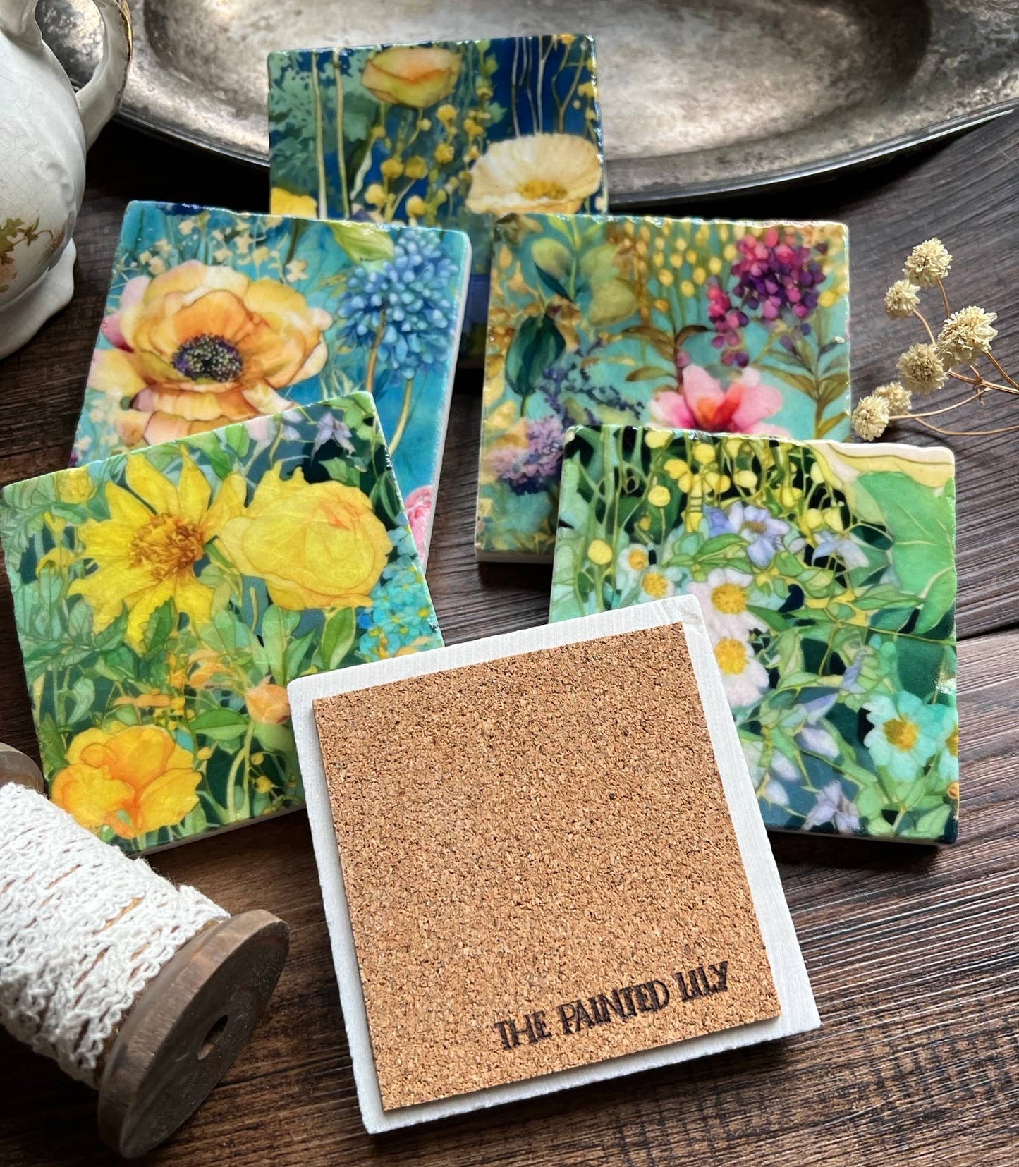 Posavasos de piedra The Painted Lily - Acuarela Garden Sunshine - caja de 6