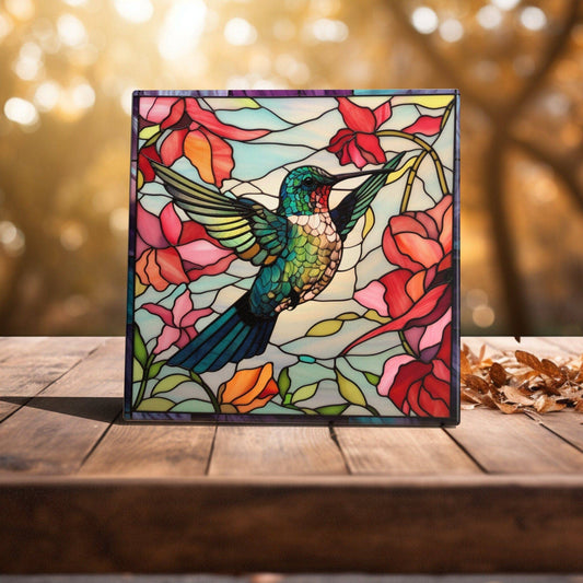 Stained Glass Splendor - Green Hummingbird among Floral Art Tile for Vibrant Home Decor