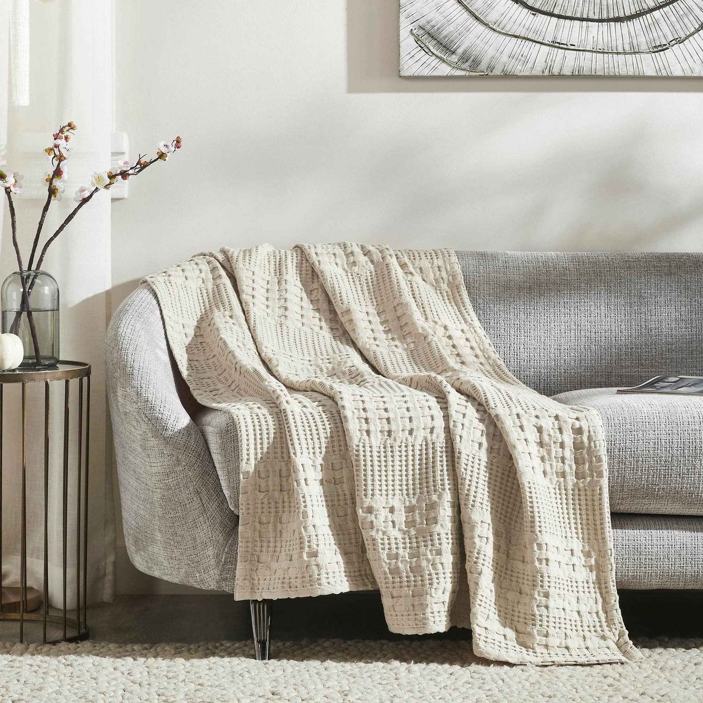 Natural Cream Waffle Weave Cotton Throw Blanket - 50x60 - Decorative Couch & Sofa Cover - VHC Brands