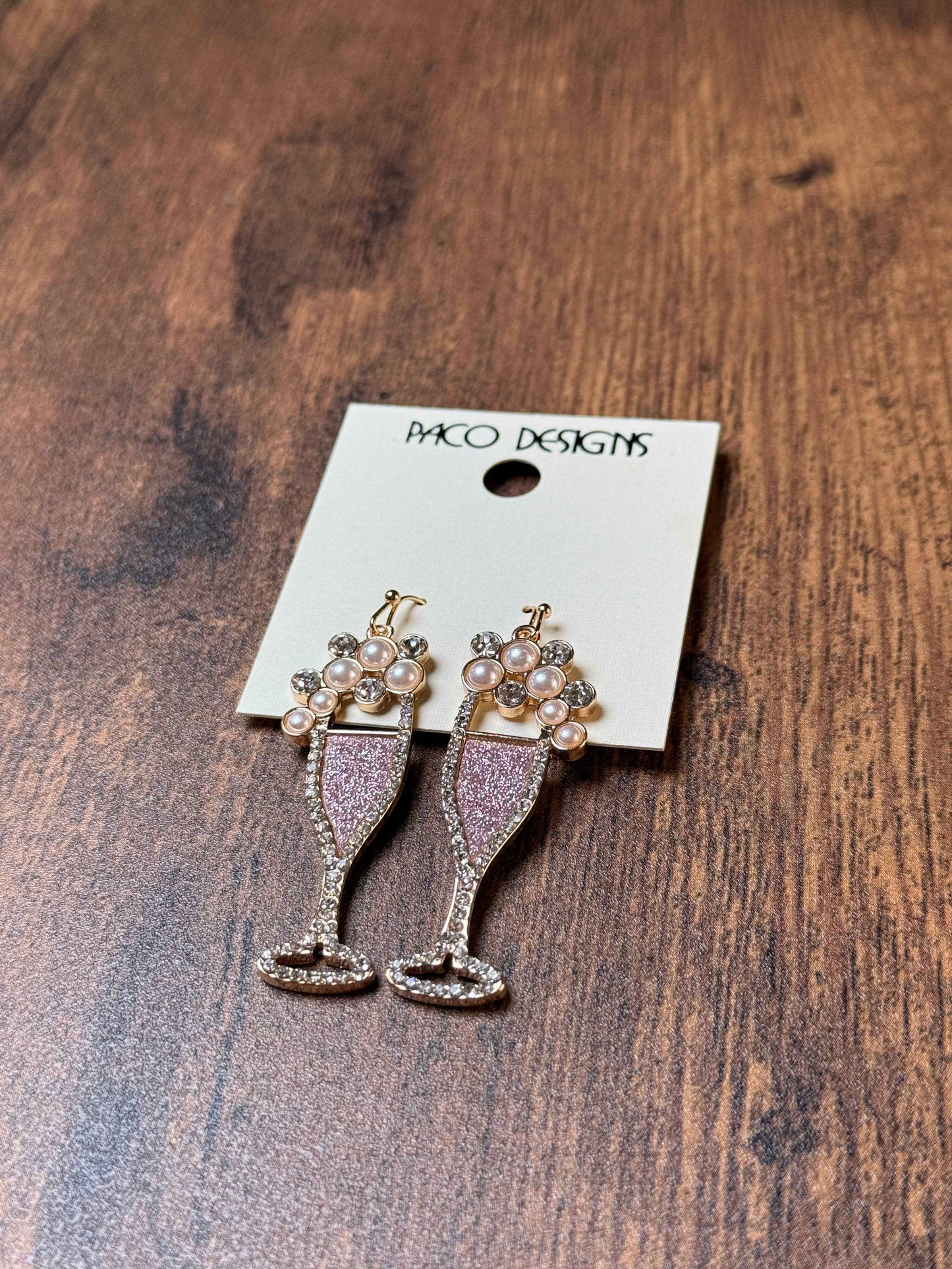 Glitzy Pink Champagne Flute Earrings with Pearls