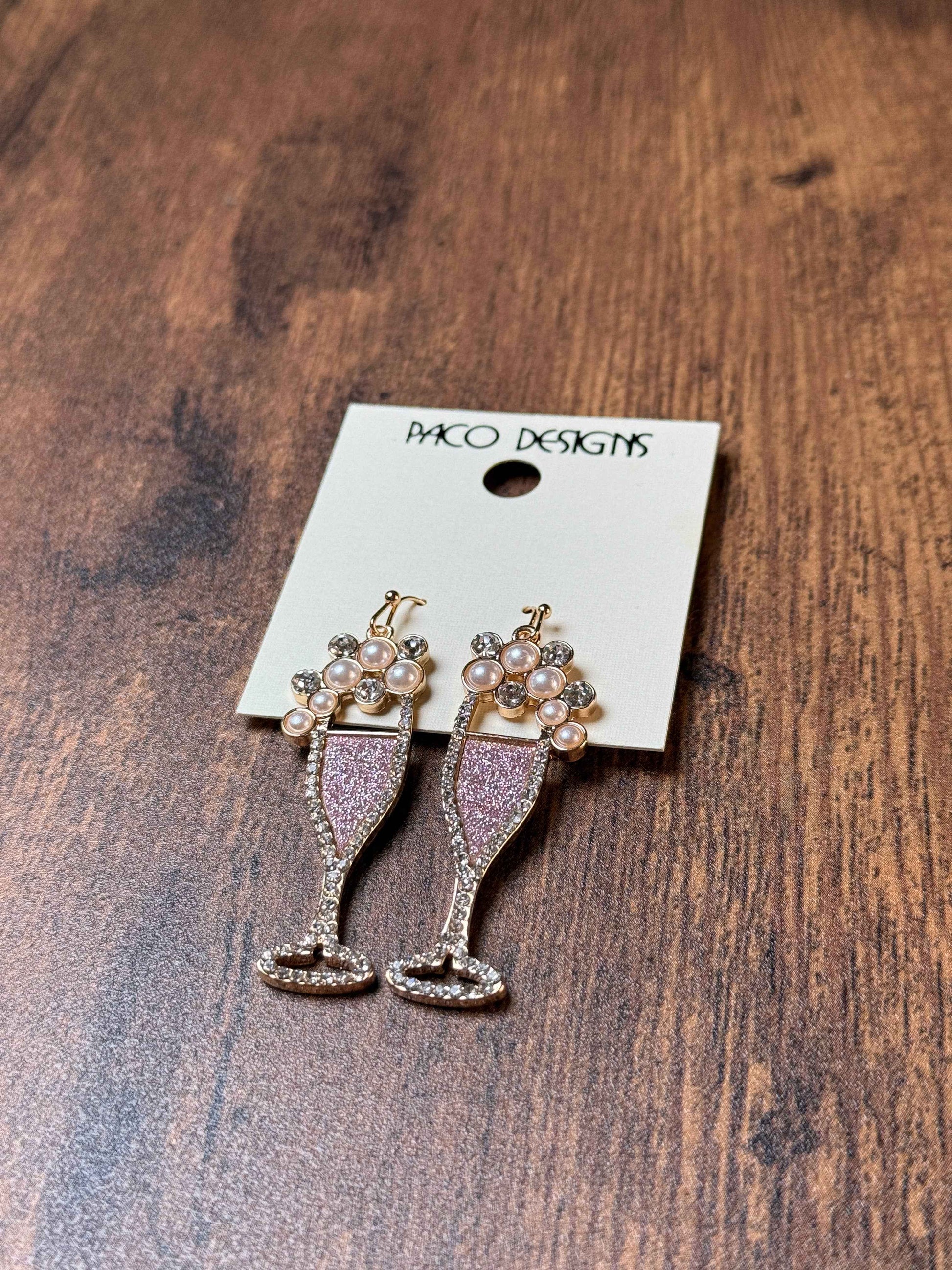 Glitzy Pink Champagne Flute Earrings with Pearls