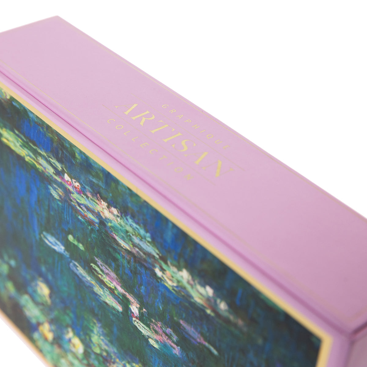 Monet Water Lilies Keepsake Boxed Cards, A pink box with a gold foil bordered reproduction of Monet's Water Lilies painting on the lid, opened to show blank cards and envelopes inside.