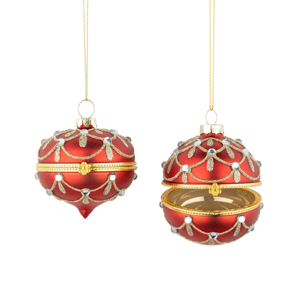 Assorted blown glass hinged keepsake ornament, matte red