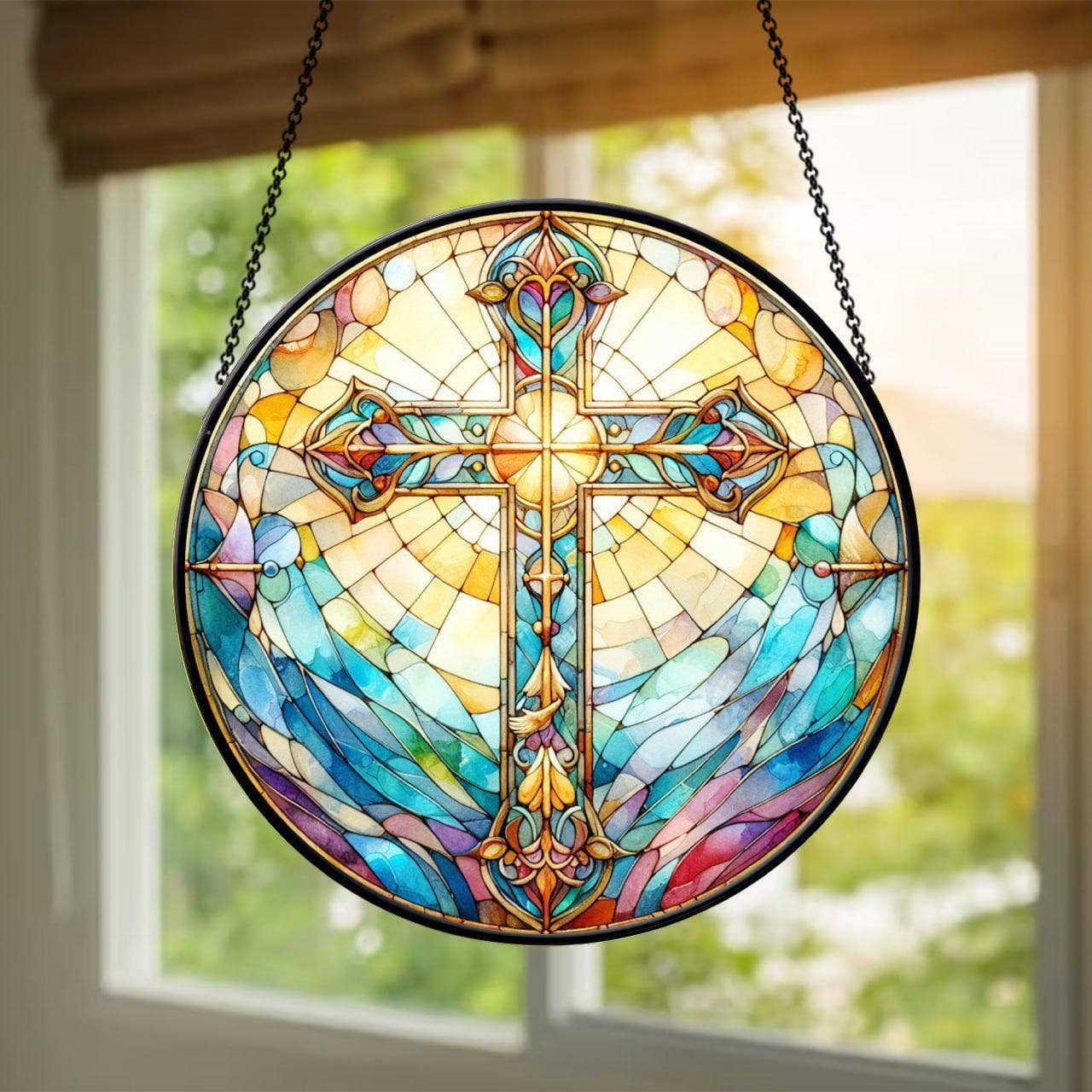 Stained Glass Cross And Wildflowers Suncatcher, Flower Cross