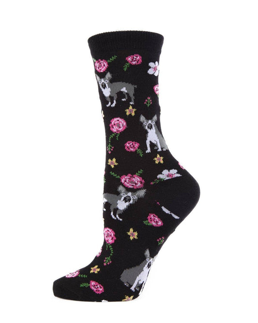 MeMoi French Bulldog and Roses Bamboo Crew Novelty Socks
