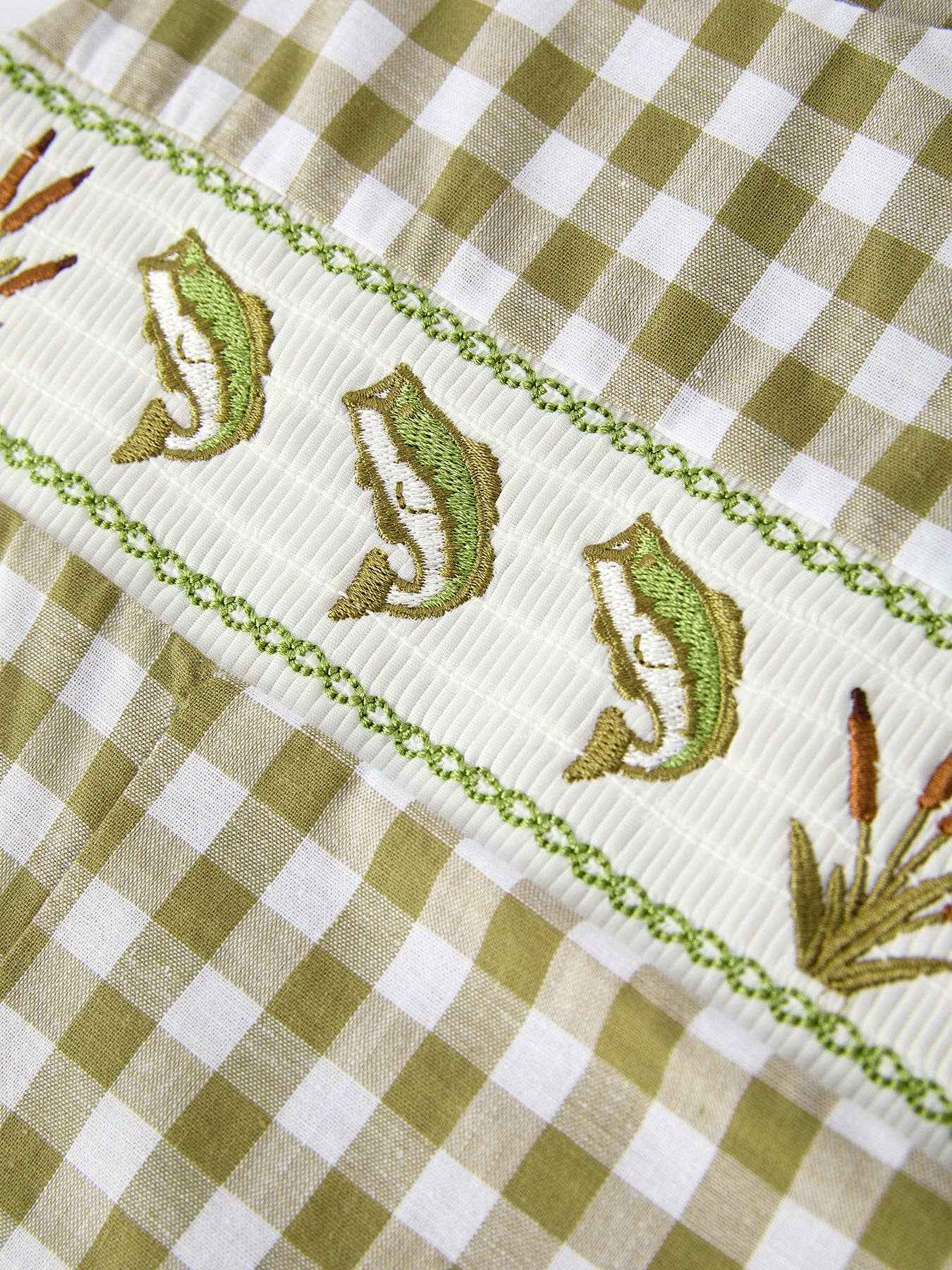 Green Plaid Fish Embroidered Smocked Baby Boy Romper: 3M