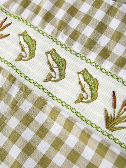 Green Plaid Fish Embroidered Smocked Baby Boy Romper: 3M