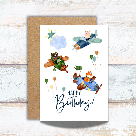 Airplane Watercolor Birthday Greeting Card For Kids