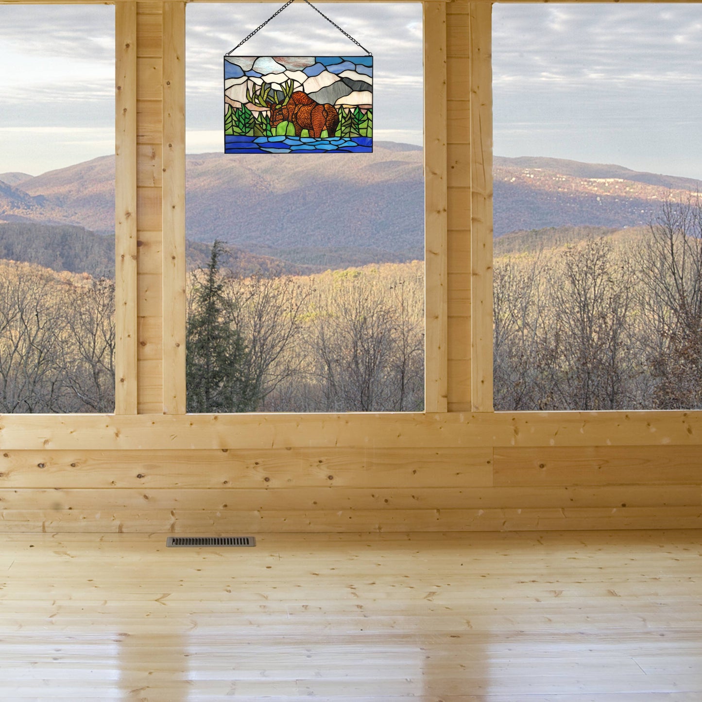 18.25" Moose Mountainscape Stained Glass Window Panel