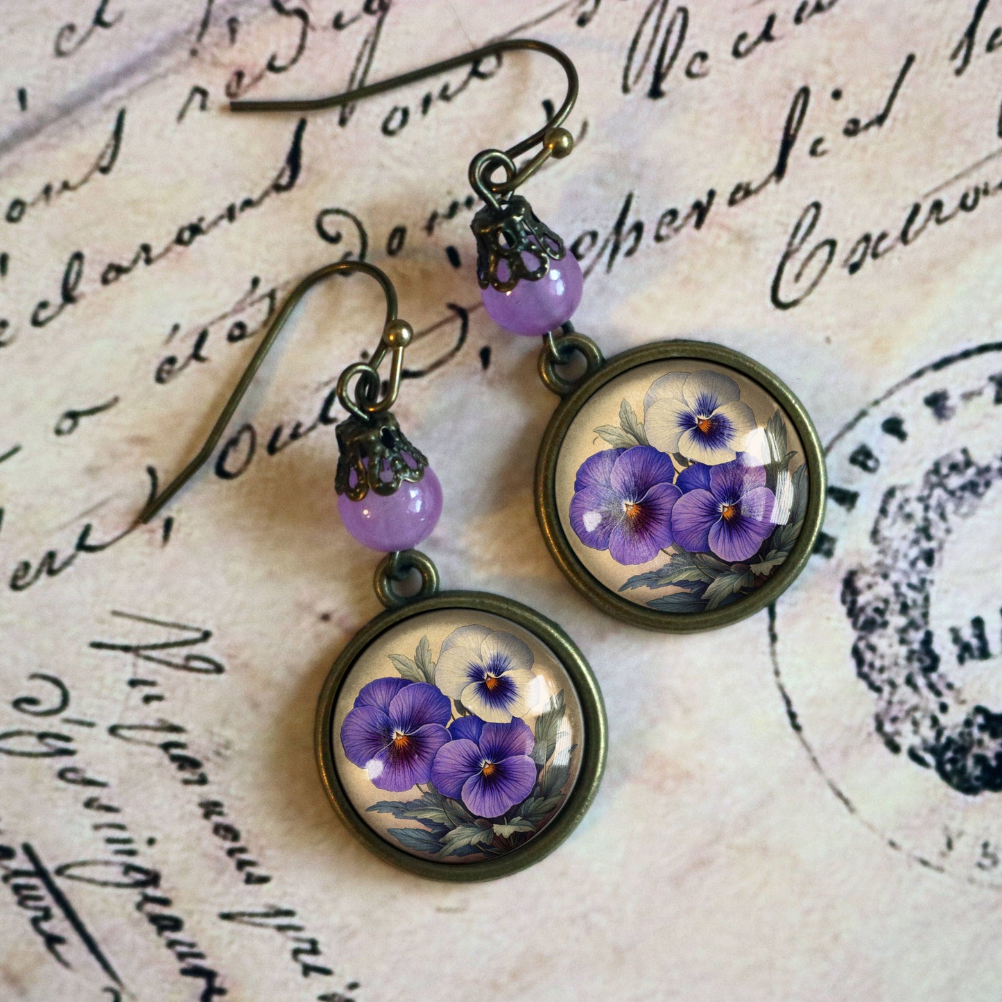 Purple Pansies Spring Floral Bronze and Glass Earrings