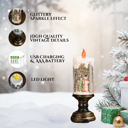 Christmas Musical Snow Globe Candlestick Lantern with Snowman Scene for Christmas Decoration