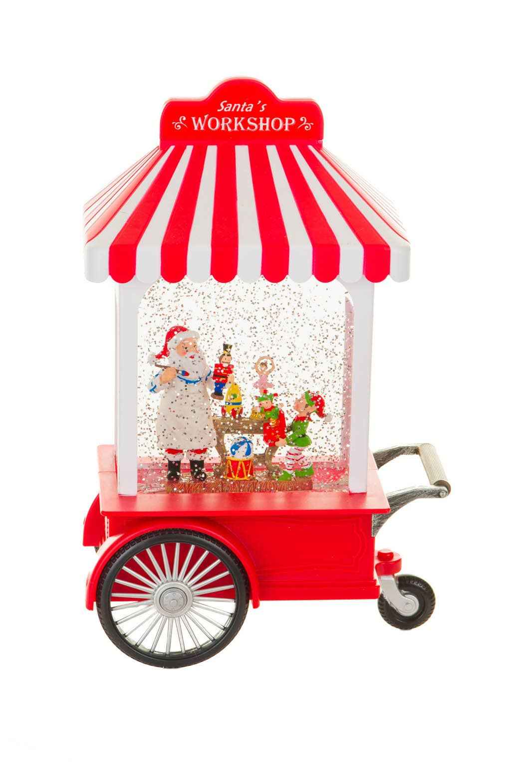 Red/White LED Santa's Workshop Cart Snow Globe w/ Toymakers