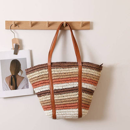 Colorful striped one-shoulder straw bag large-capacity beach bag