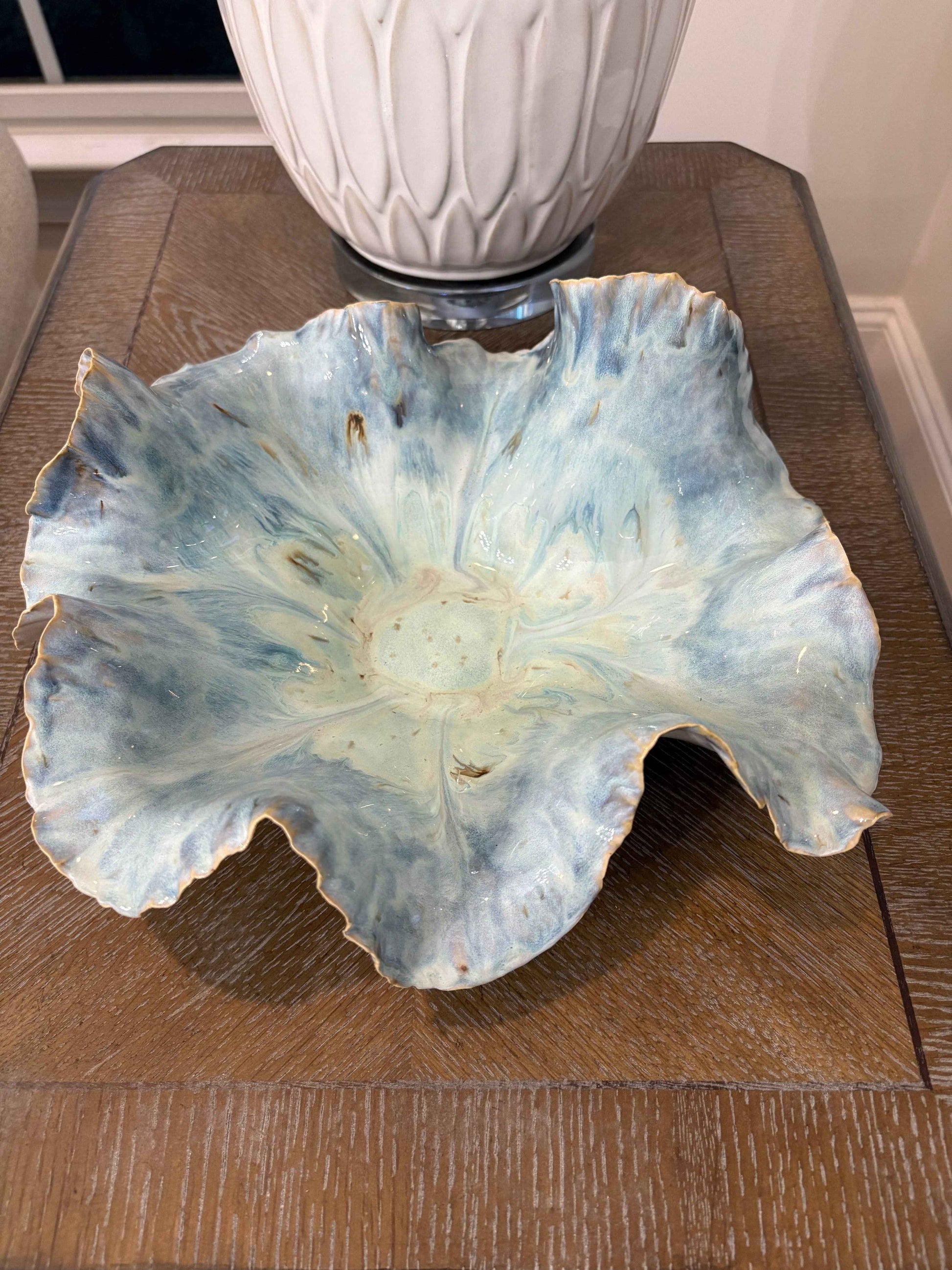 Sculptural Ceramic Ruffled Centerpiece – Oceanic Blue