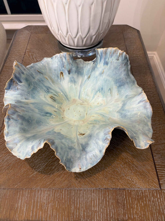 Sculptural Ceramic Ruffled Centerpiece – Oceanic Blue