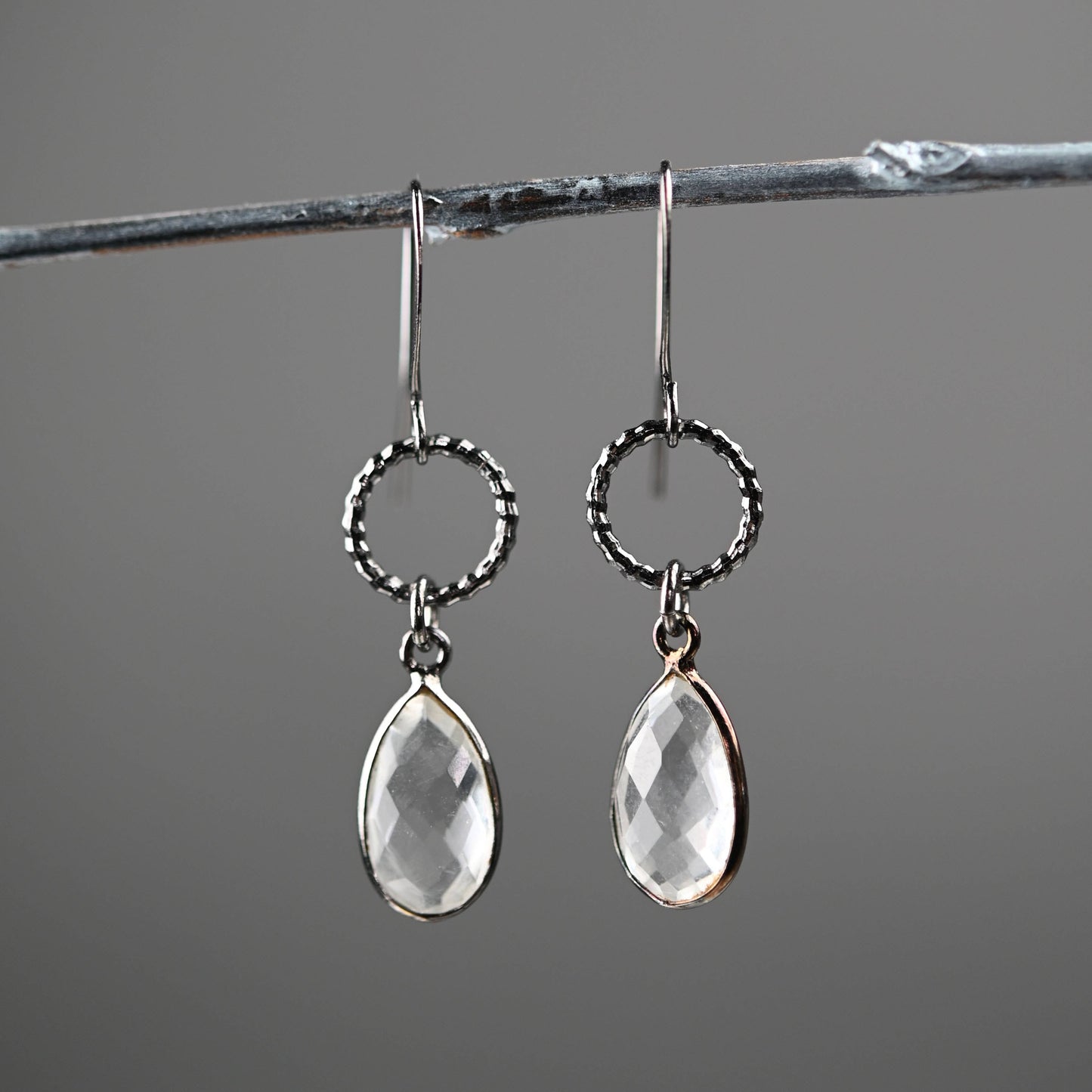 Gunmetal Small Circle Earrings with Stone Drop Earrings