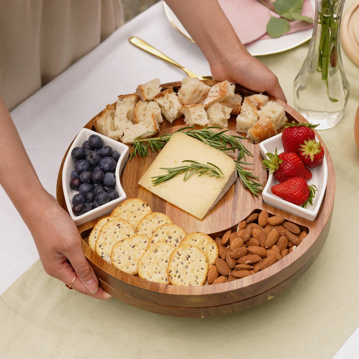 13 inch Rotating Acacia Charcuterie Board w 2 Ceramic Bowls