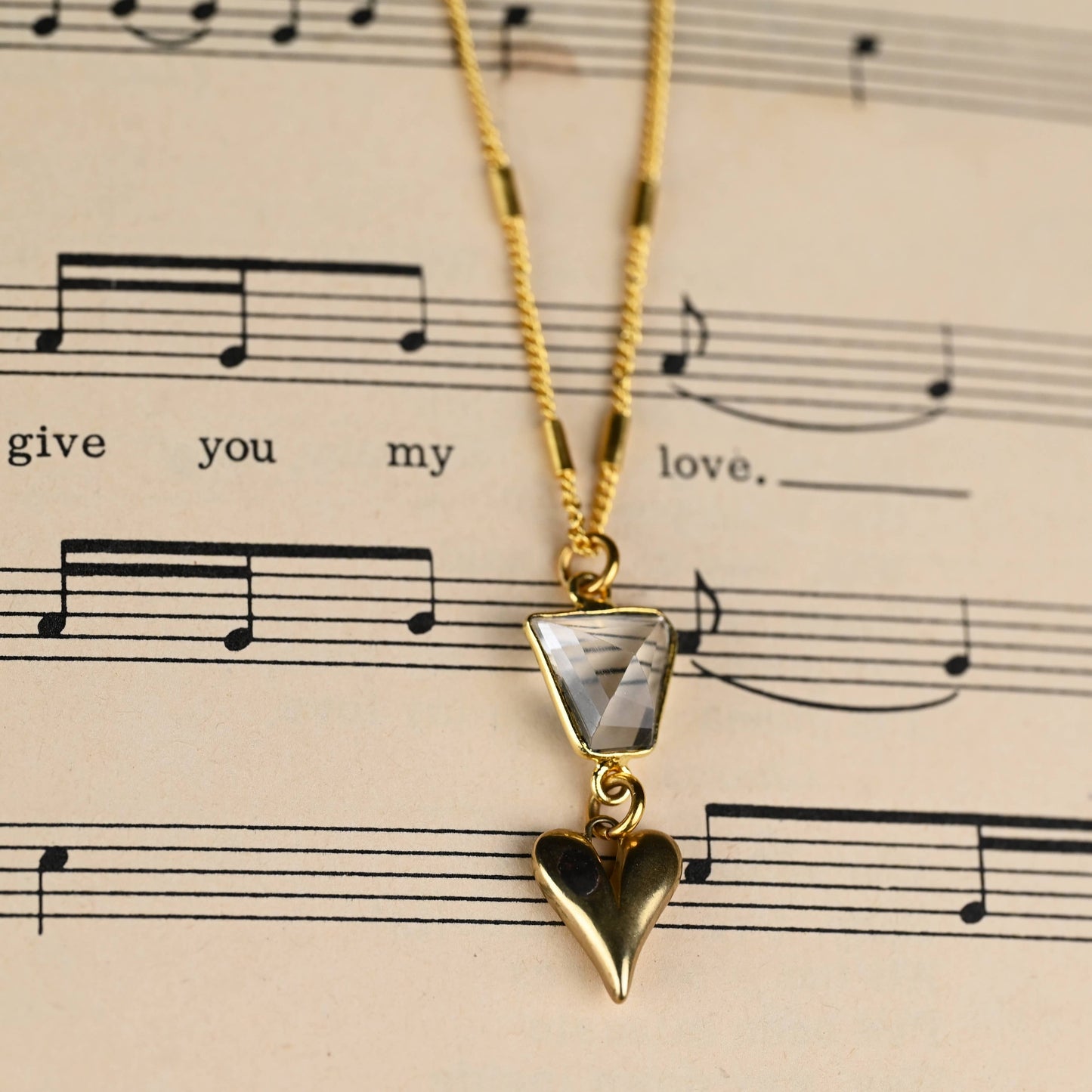 Brass Sculptured Heart w/ Crystal Quartz Necklace