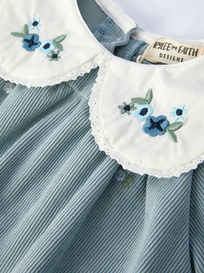 Girls' Blue Embroidered Long Sleeve Romper: 6M