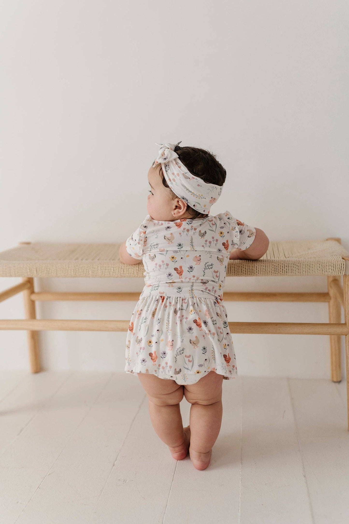 Girl's Short Sleeve Bodysuit Dress Set: Floral Chickens / NB