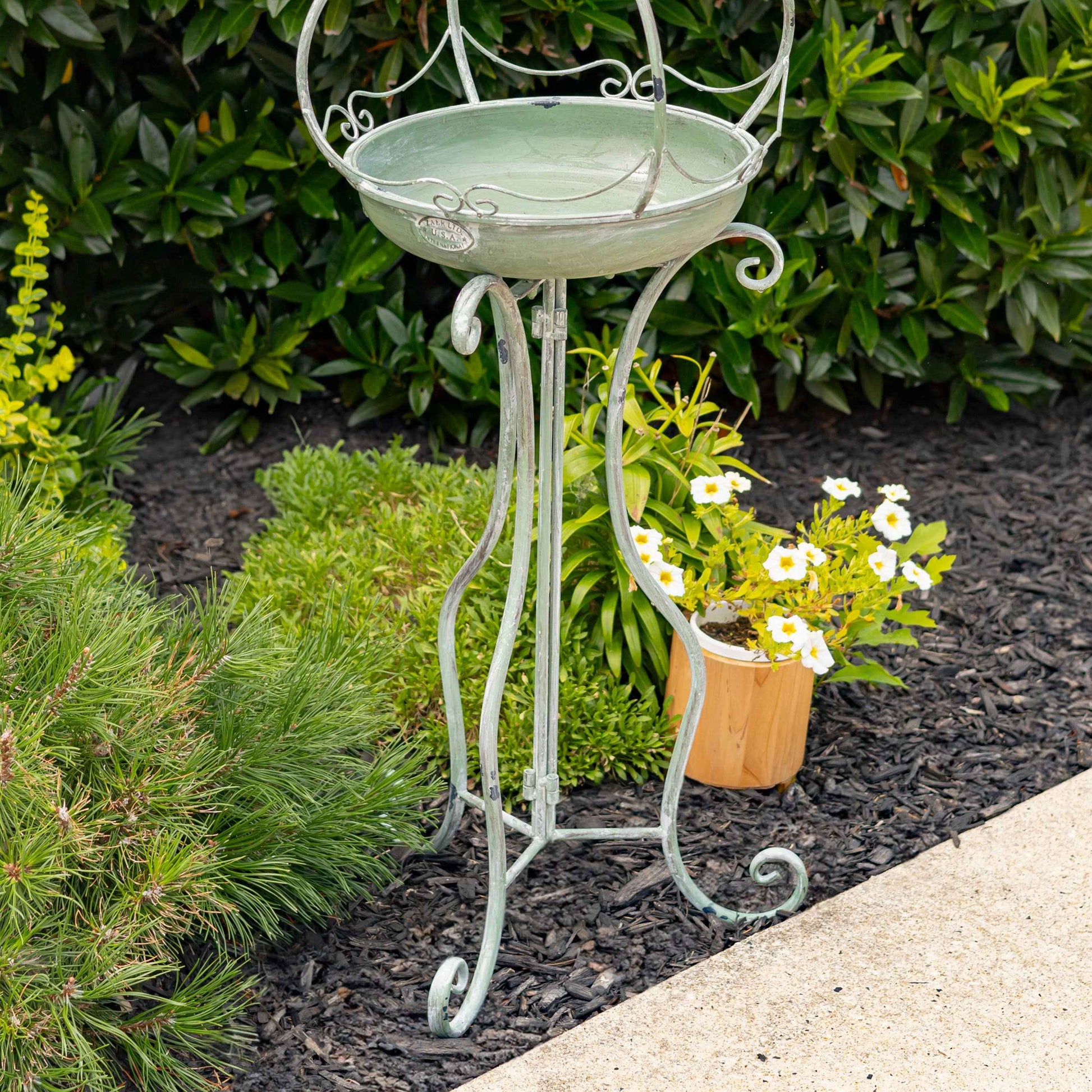 45" Tall Iron Birdbath with Ceramic Sailor Ball Accent: Green