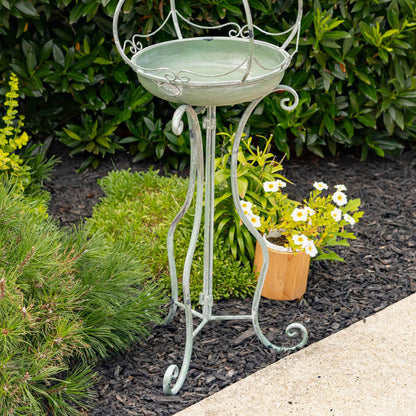 45" Tall Iron Birdbath with Ceramic Sailor Ball Accent: Green