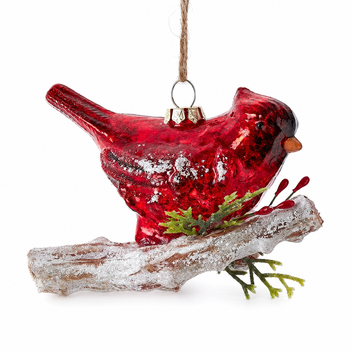 Glass Red Cardinal Christmas Ornament, Side Profile design: perched sideways along the branch, tail raised