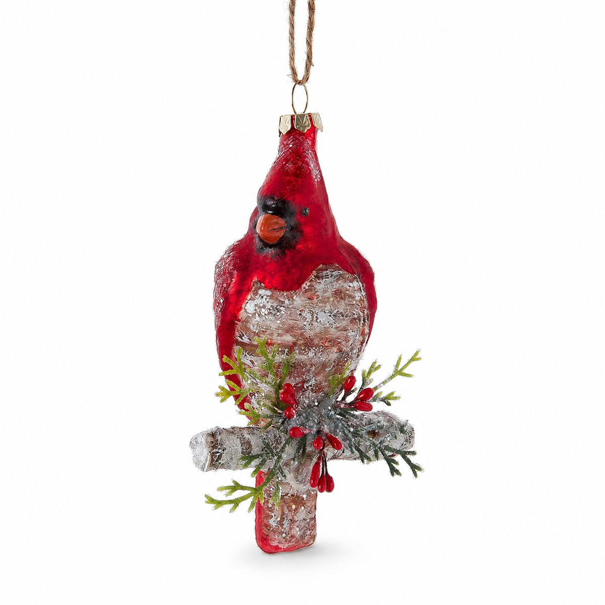 Glass Red Cardinal Christmas Ornament, Facing Forward design: standing upright on a birch perch, with pine and red berries at its feet