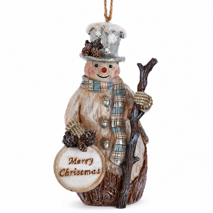 Rustic Glam Snowman Christmas Ornament, Merry Christmas Sign design: a silver top hat, a twig walking stick and a round Merry Christmas sign with pinecones