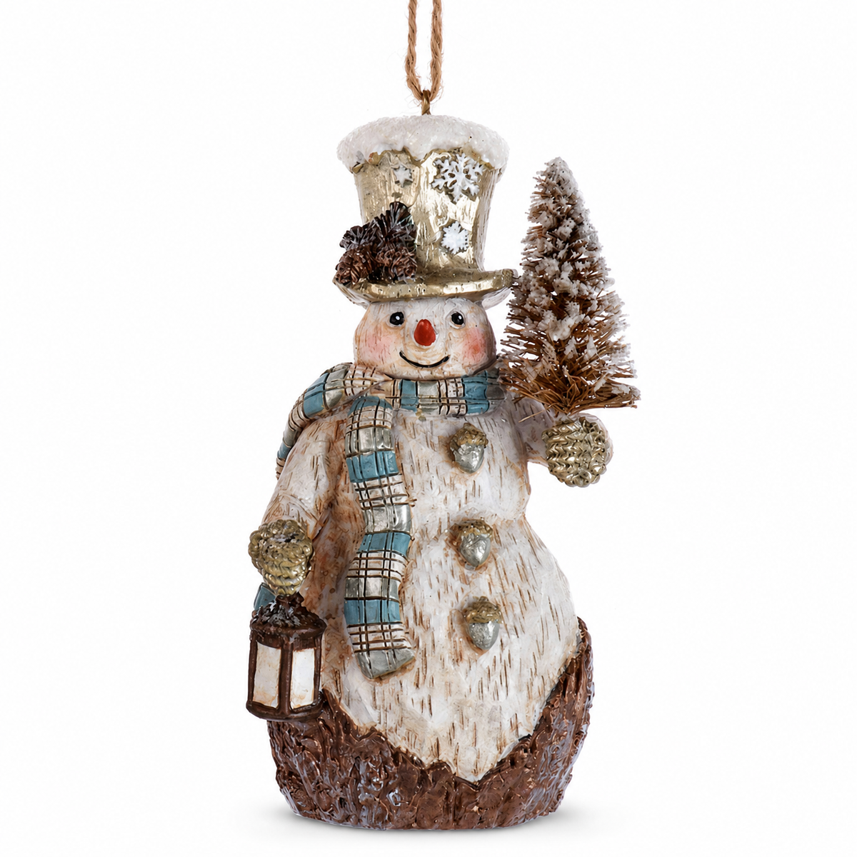 Rustic Glam Snowman Christmas Ornament, Lantern and Tree design: a gold top hat, a small lantern in one mitten and a frosted bottle brush tree in the other