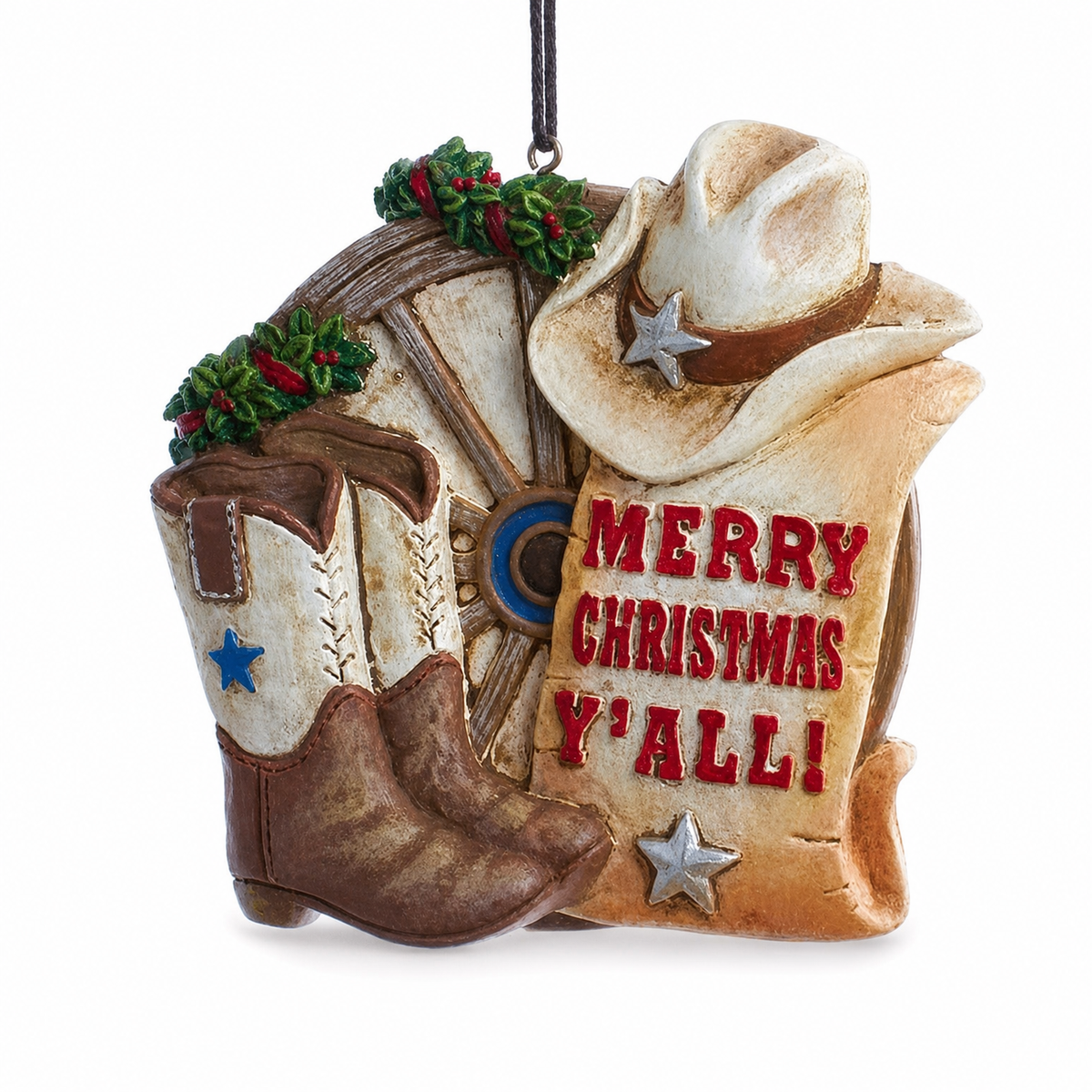 Cowboy Hat and Boots Christmas Ornament, Merry Christmas Y'all design: boots, a holly trimmed wagon wheel and a cowboy hat beside the words "MERRY CHRISTMAS Y'ALL!"