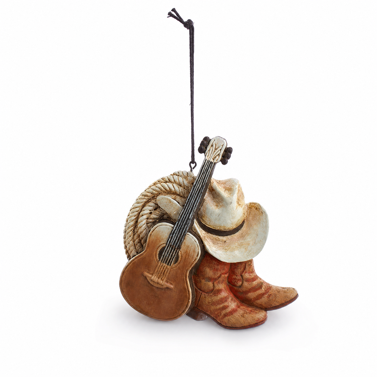 Cowboy Hat and Boots Christmas Ornament, Guitar and Rope design: an acoustic guitar and a coiled rope over a cowboy hat and red-brown boots