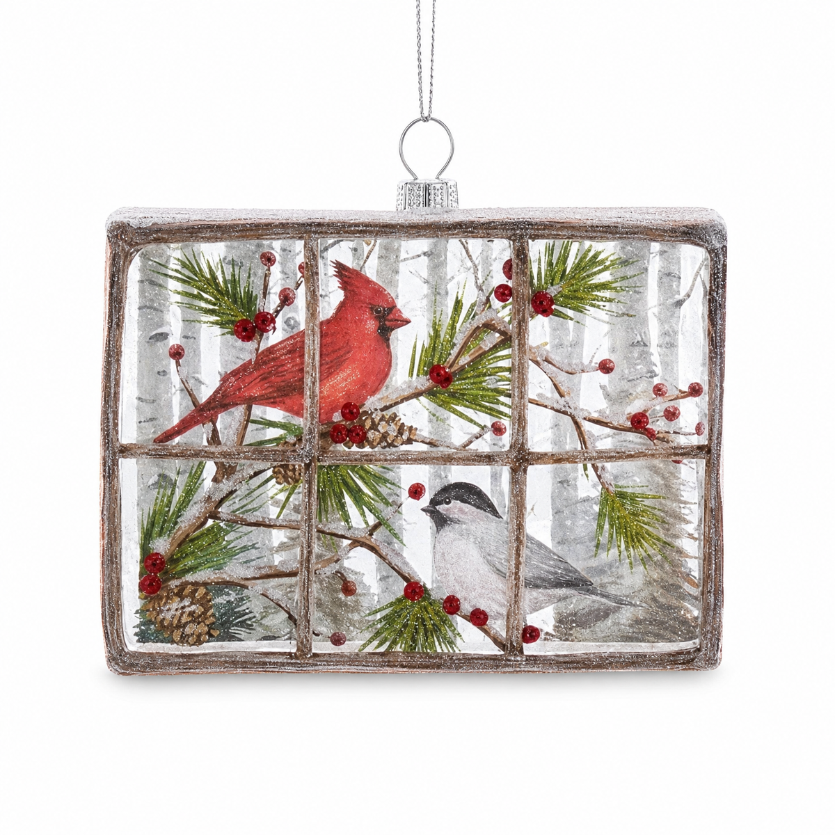 Cardinal Window Pane Christmas Ornament, Cardinal and Chickadee design: a cardinal on a pine bough above a chickadee